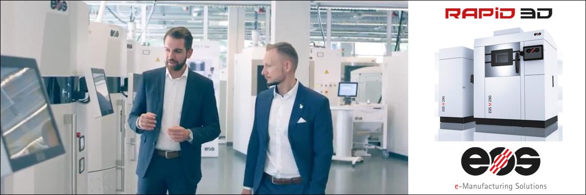 Benjamin Haller, Application Development Consultant at EOS GmbH, and Ralf Anderhofstadt, Project Manager CSP 3D-Printing, Daimler Buses, pictured with the EOS 3D printers used in their supply chain.