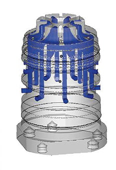 Illustration of 3D view of the inner cooling channels of the tool insert