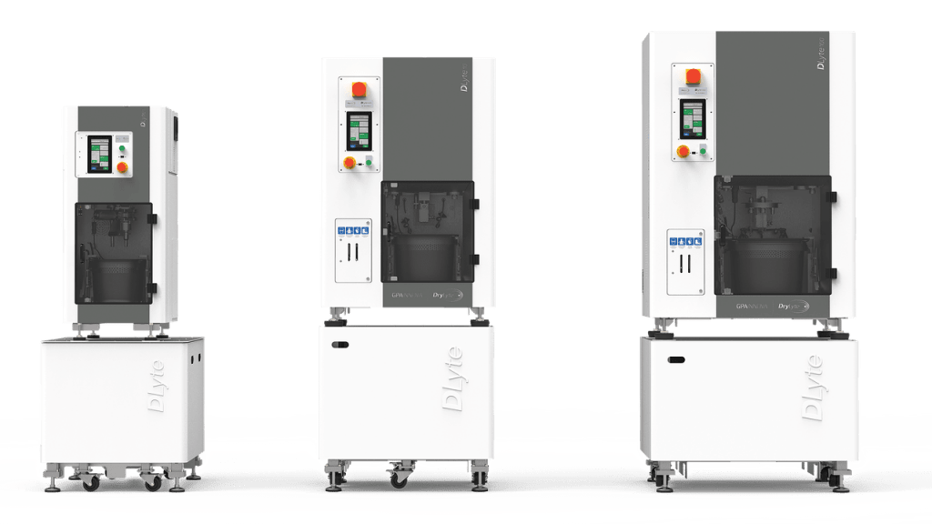 DLyte non-abrasive surface finishing systems for a range of production volume requirements. The following DLyte systems are shown in this image, from left to right - DLyte-1, DLyte-10 and DLyte-100 industrial systems.